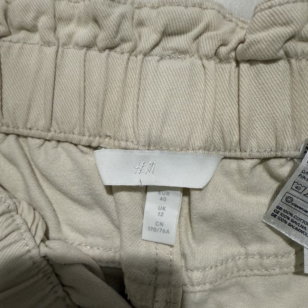 H&M 100% Cotton Pants Beige Elastic Paperback Waist Trousers Pockets Women’s 8 - Picture 4 of 11